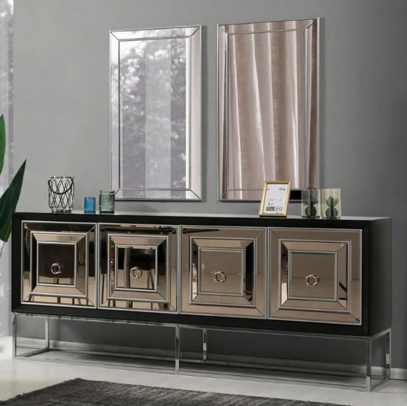 Casa Padrino Luxus Sideboard mit 4 verspiegelten Türen Schwarz / Silber 208 x 49 x H. 88 cm - Luxus Wohnzimmer Möbel Abverkauf