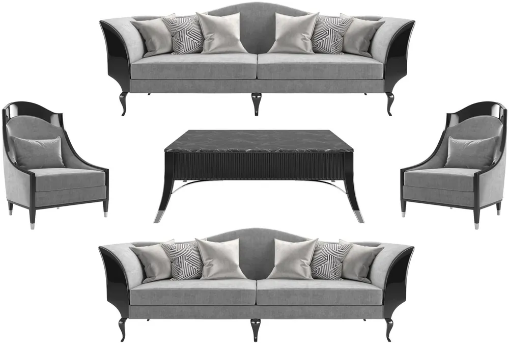 Casa Padrino Luxus Art Deco Wohnzimmer Set Grau / Schwarz / Silber - 2 Sofas & 2 Sessel & 1 Couchtisch mit Marmorplatte - Edle Art Deco Wohnzimmer Möbel Günstig
