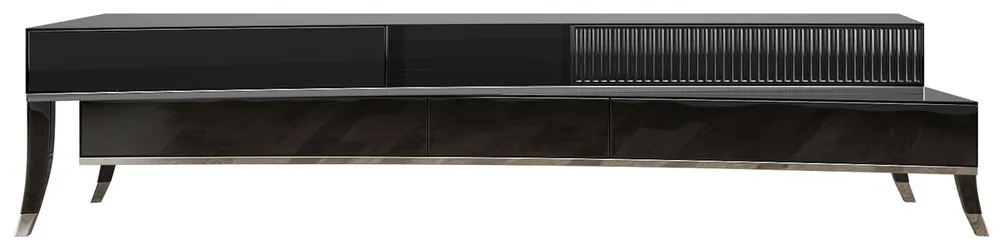 Casa Padrino Luxus Art Deco TV Schrank Schwarz / Silber 250 x 50 x H. 57 cm - Edler Fernsehschrank mit Schubladen - Art Deco Wohnzimmer Möbel Saisonangebot