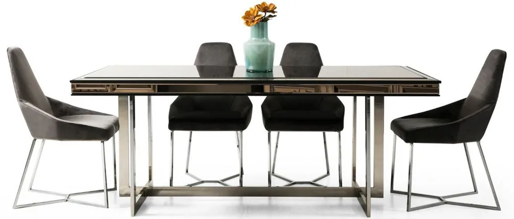 Casa Padrino Luxus Esszimmer Set Schwarz / Grau / Silber - 1 Esszimmertisch & 6 Esszimmerstühle - Luxus Esszimmer Möbel Sonderangebot