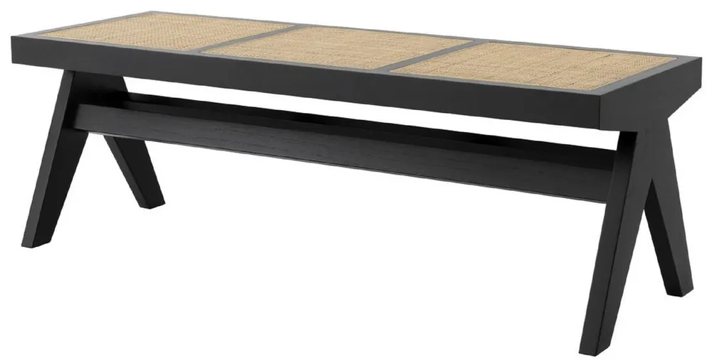 Abverkauf Casa Padrino Luxus Sitzbank Schwarz / Naturfarben 136 x 46 x H. 47 cm - Massivholz Bank mit handgewebtem Rattangeflecht - Luxus Möbel