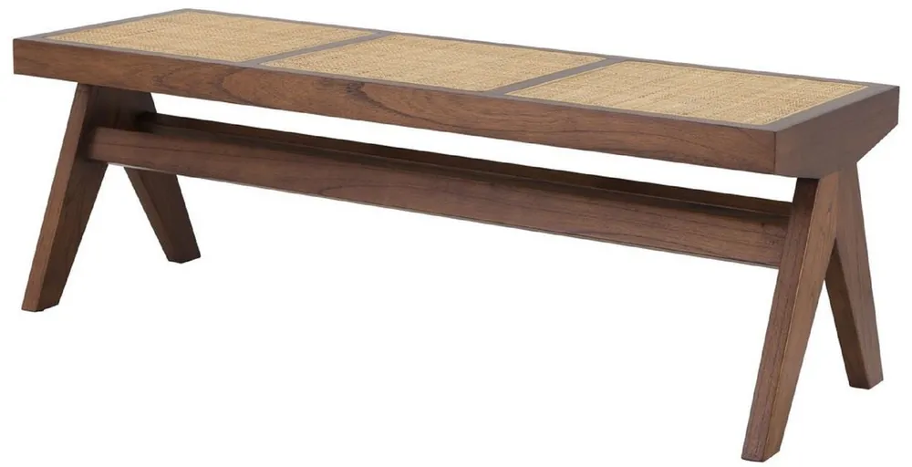 Nur Heute Casa Padrino Luxus Sitzbank Braun / Naturfarben 136 x 46 x H. 47 cm - Massivholz Bank mit handgewebtem Rattangeflecht - Luxus Möbel