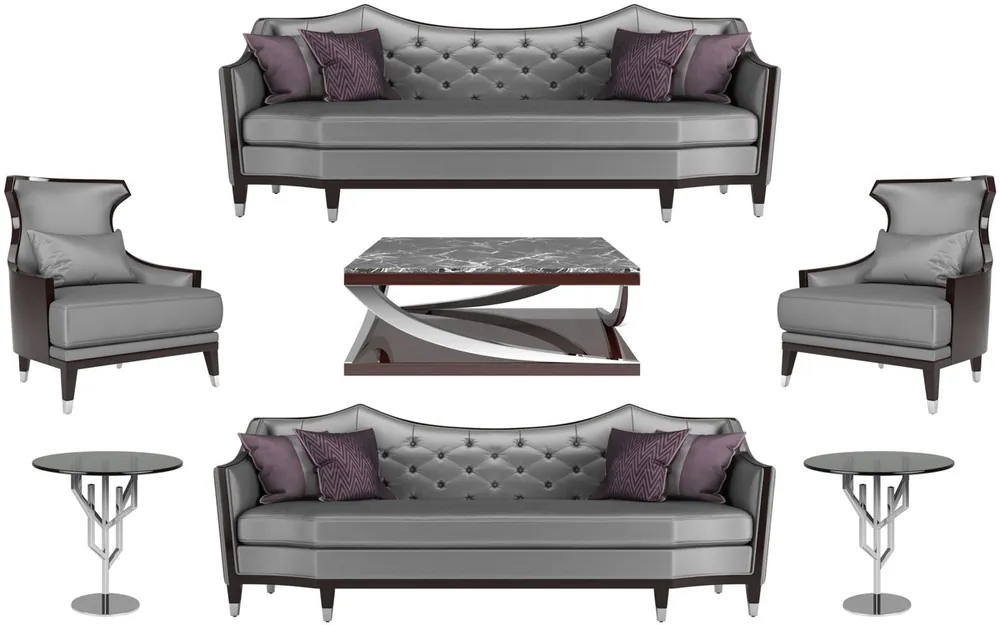 Casa Padrino Luxus Wohnzimmer Set Silber / Schwarz / Dunkelbraun - 2 Sofas & 2 Sessel & 1 Couchtisch & 2 Beistelltische - Luxus Wohnzimmer Möbel Neuheit