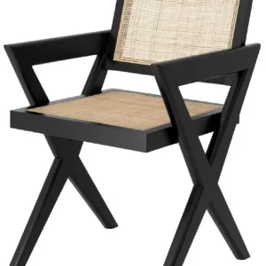 Casa Padrino Luxus Esszimmerstuhl Schwarz / Naturfarben 53 x 57 x H. 84,5 cm - Massivholz Stuhl mit Armlehnen und handgewebtem Rattangeflecht - Luxus Esszimmer Möbel Angebot