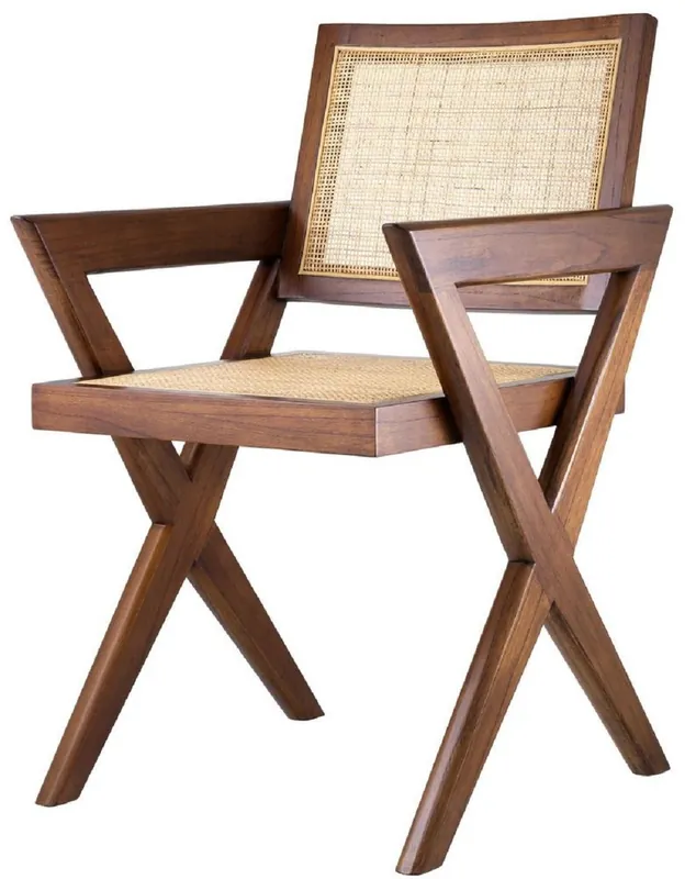 Nur Heute Casa Padrino Luxus Esszimmerstuhl Braun / Naturfarben 53 x 57 x H. 84,5 cm - Massivholz Stuhl mit Armlehnen und handgewebtem Rattangeflecht - Luxus Esszimmer Möbel