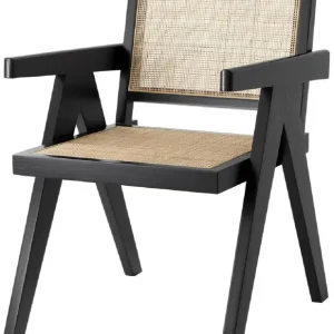 Casa Padrino Luxus Esszimmerstuhl Schwarz / Naturfarben 57 x 65,5 x H. 90 cm - Massivholz Stuhl mit Armlehnen und handgewebtem Rattangeflecht - Luxus Esszimmer Möbel Markenware