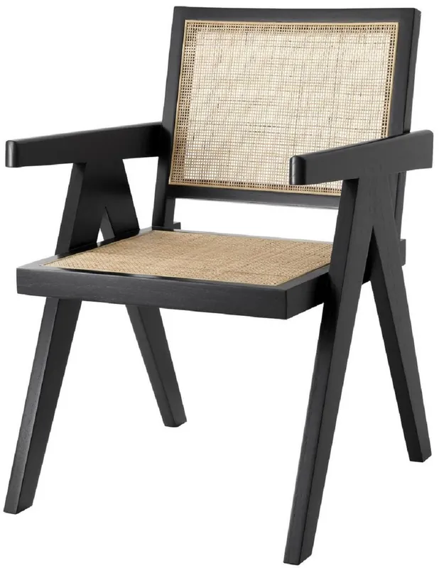 Casa Padrino Luxus Esszimmerstuhl Schwarz / Naturfarben 57 x 65,5 x H. 90 cm - Massivholz Stuhl mit Armlehnen und handgewebtem Rattangeflecht - Luxus Esszimmer Möbel Markenware
