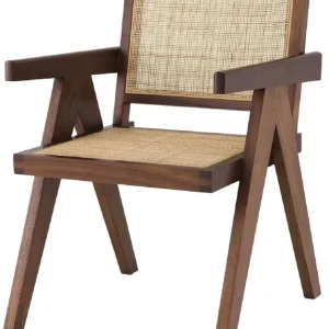 Casa Padrino Luxus Esszimmerstuhl Braun / Naturfarben 57 x 65,5 x H. 90 cm - Massivholz Stuhl mit Armlehnen und handgewebtem Rattangeflecht - Luxus Esszimmer Möbel Direkt Vom Hersteller