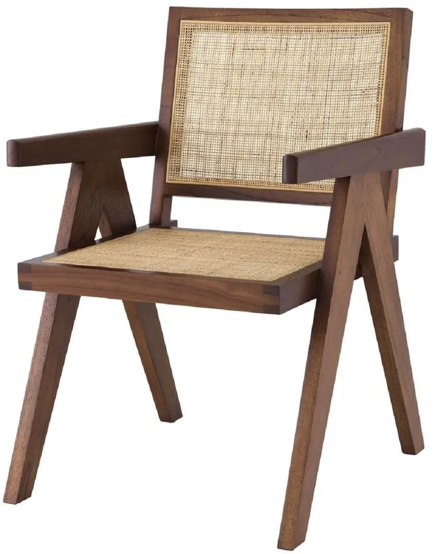 Casa Padrino Luxus Esszimmerstuhl Braun / Naturfarben 57 x 65,5 x H. 90 cm - Massivholz Stuhl mit Armlehnen und handgewebtem Rattangeflecht - Luxus Esszimmer Möbel Direkt Vom Hersteller