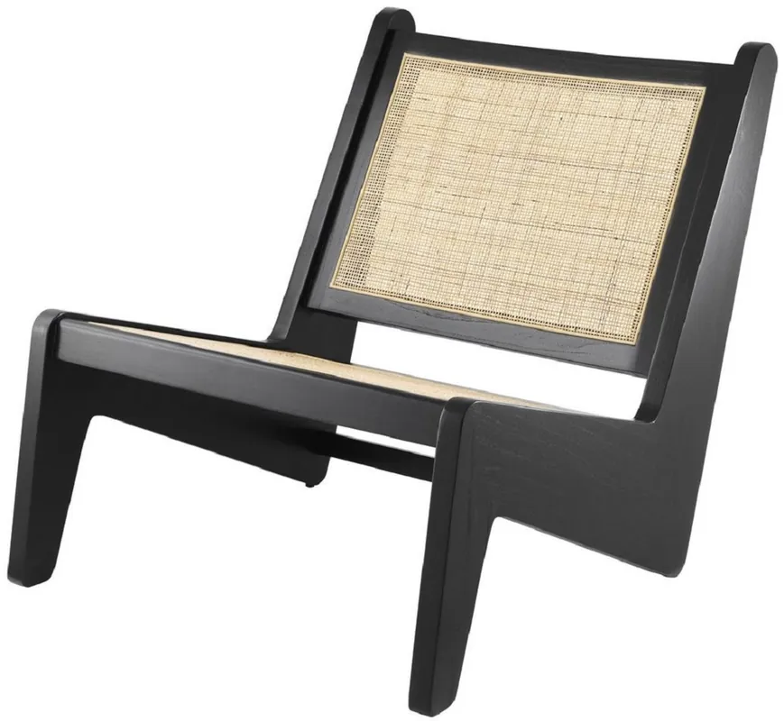 Bestpreis Casa Padrino Designer Wohnzimmer Sessel Schwarz / Naturfarben 75 x 89 x H. 77,5 cm - Massivholz Sessel mit handgewebtem Rattangeflecht - Luxus Möbel