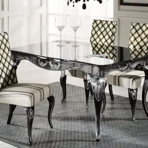 Neue Ware Casa Padrino Luxus Barock Esstisch mit Glasplatte Schwarz / Silber - Verschiedene Größen - Edler Esszimmertisch im Barockstil - Barock Esszimmer Möbel