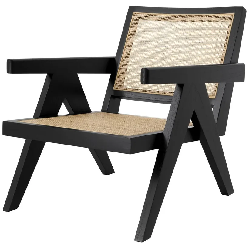 Casa Padrino Designer Stuhl Schwarz / Naturfarben 58 x 82 x H. 70 cm - Massivholz Stuhl mit Armlehnen und handgewebtem Rattangeflecht - Luxus Wohnzimmer Möbel Expressversand