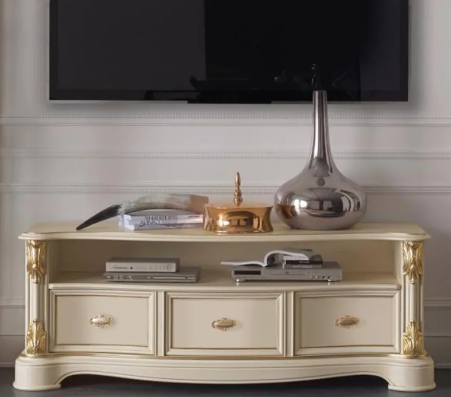 Casa Padrino Luxus Barock TV Schrank Creme / Gold 162 x 49 x H. 61 cm - Fernsehschrank mit 3 Schubladen - Edle Barock Wohnzimmer Möbel Direkt Vom Hersteller