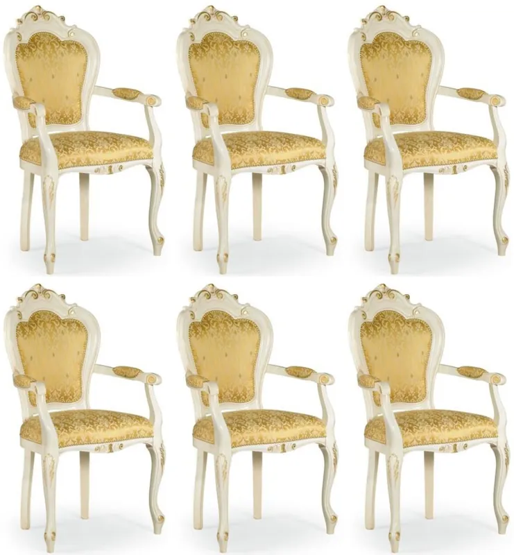 Casa Padrino Luxus Barock Esszimmer Stuhl Set mit Armlehnen Gold / Weiß / Gold 58 x 50 x H. 103 cm - Barock Küchen Stühle 6er Set - Esszimmer Möbel im Barockstil Rabatt