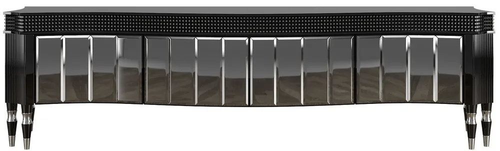 Neu Im Sortiment Casa Padrino Luxus Art Deco TV Schrank Schwarz / Silber 220 x 53 x H. 58 cm - Edler Fernsehschrank mit 4 verspiegelten Türen - Art Deco Wohnzimmer Möbel