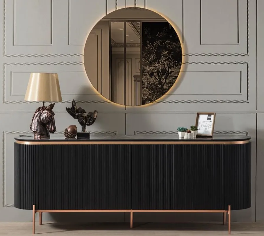 Casa Padrino Luxus Sideboard Schwarz / Kupferfarben 208 x 60 x H. 80 cm - Edler Schrank mit 4 Türen - Luxus Möbel Neu Im Sortiment