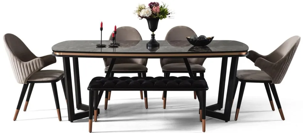 Zertifiziert Casa Padrino Luxus Esszimmer Set Grau / Schwarz / Kupferfarben - 1 Esszimmertisch & 4 Esszimmerstühle & 1 Sitzbank - Luxus Esszimmer Möbel