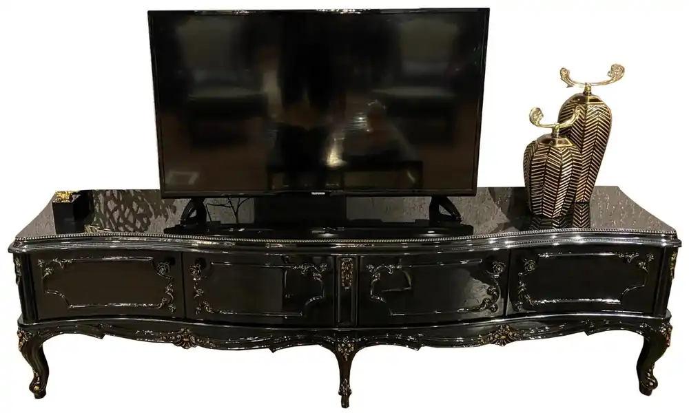 Casa Padrino Luxus Barock TV Schrank Schwarz / Antik Gold 222 x 50 x H. 62 cm - Edler Fernsehschrank mit 4 Türen und Glasplatte - Hochwertige Wohnzimmer Möbel im Barockstil Nur Heute