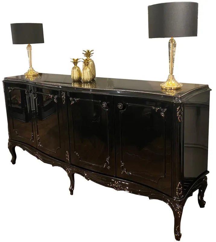 Casa Padrino Luxus Barock Sideboard Schwarz / Antik Gold 226 x 57 x H. 103 cm - Edler Wohnzimmer Schrank mit 4 Türen und Glasplatte - Hochwertige Wohnzimmer Möbel im Barockstil Garantierte Lieferung