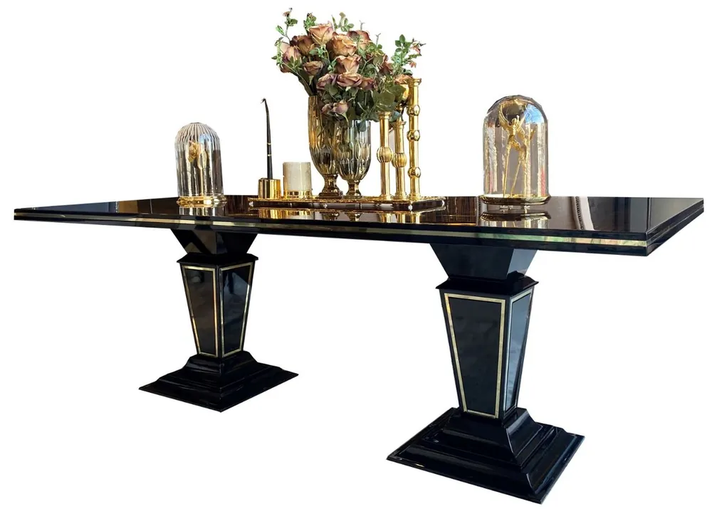 Online Kaufen Casa Padrino Luxus Art Deco Esstisch Dunkelbraun / Schwarz / Gold 220 x 110 x H. 76 cm - Edler Esszimmertisch mit Glasplatte - Art Deco Esszimmer Möbel