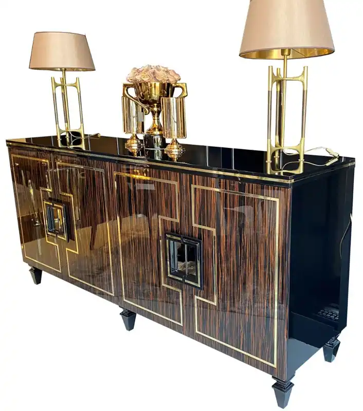 Casa Padrino Luxus Art Deco Sideboard Dunkelbraun / Schwarz / Gold 220 x 55 x H. 104 cm - Edler Schrank mit 4 Türen und Glasplatte - Art Deco Wohnzimmer Möbel Billig