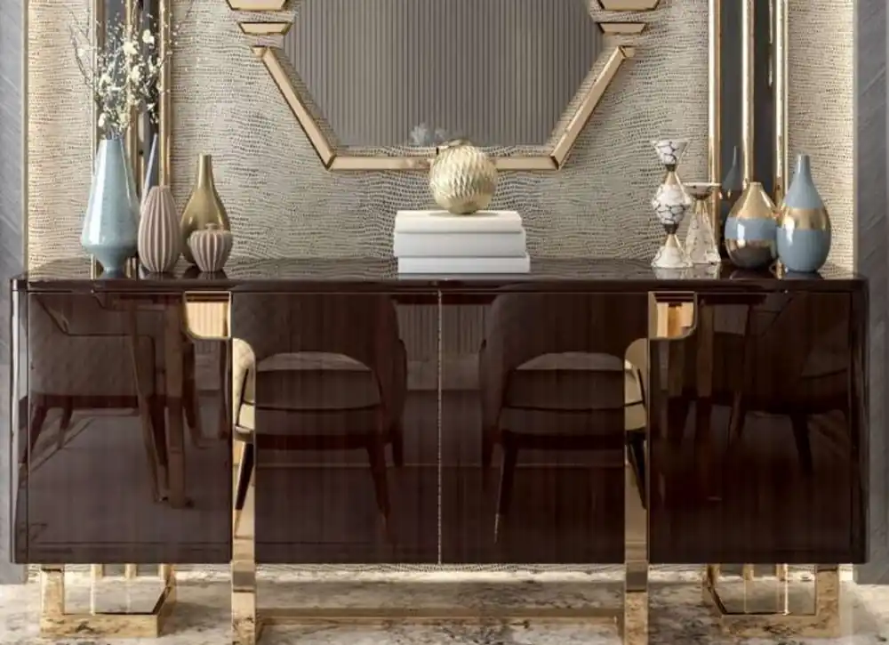 Casa Padrino Luxus Art Deco Sideboard Dunkelbraun / Gold 220 x 55 x H. 90 cm - Edler Schrank mit 4 Türen - Art Deco Wohnzimmer Möbel Top-Angebot