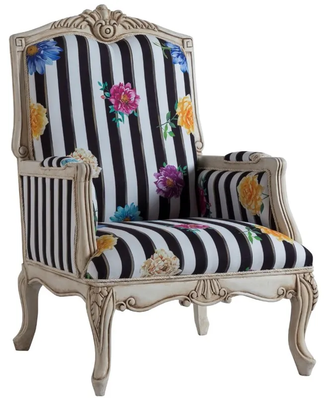 Casa Padrino Luxus Barock Sessel Schwarz / Weiß / Mehrfarbig / Antik Cremefarben 72 x 71 x H. 114 cm - Gestreifter Barockstil Sessel mit Blumenmuster - Barock Wohnzimmer Möbel Sonderangebot