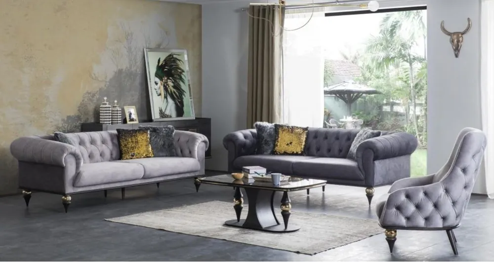 Super-Preis Casa Padrino Luxus Art Deco Chesterfield Wohnzimmer Set - 2 Sofas & 2 Sessel & 1 Couchtisch mit Glasplatte in Marmoroptik - Edle Art Deco Wohnzimmer Möbel