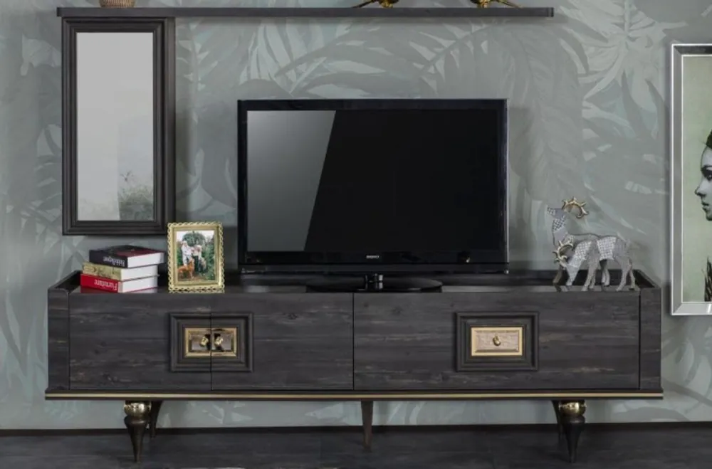 Casa Padrino Luxus Art Deco TV Schrank Grau / Schwarz / Messingfarben 226 x 44 x H. 65 cm - Edler Wohnzimmer Fernsehschrank mit Schublade und 2 Türen - Art Deco Möbel Neue Kollektion