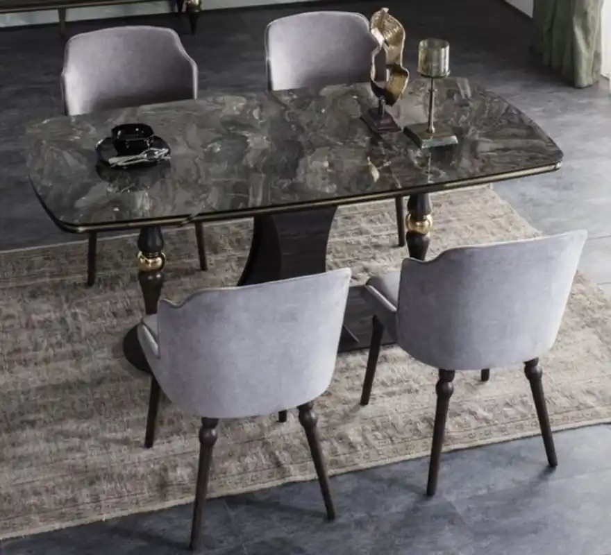 Neu Im Sortiment Casa Padrino Luxus Art Deco Esszimmer Set Grau / Schwarz / Messingfarben - 1 Esszimmertisch mit Glasplatte in Marmoroptik & 4 Esszimmerstühle - Art Deco Esszimmer Möbel