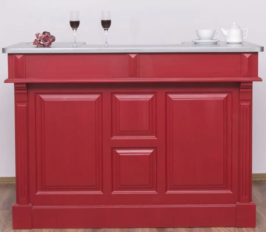 Knallerangebot Casa Padrino Landhausstil Theke Rot / Silber 150 x 65 x H. 107 cm - Massivholz Thekentisch mit verzinkter Tischplatte - Barmöbel im Landhausstil