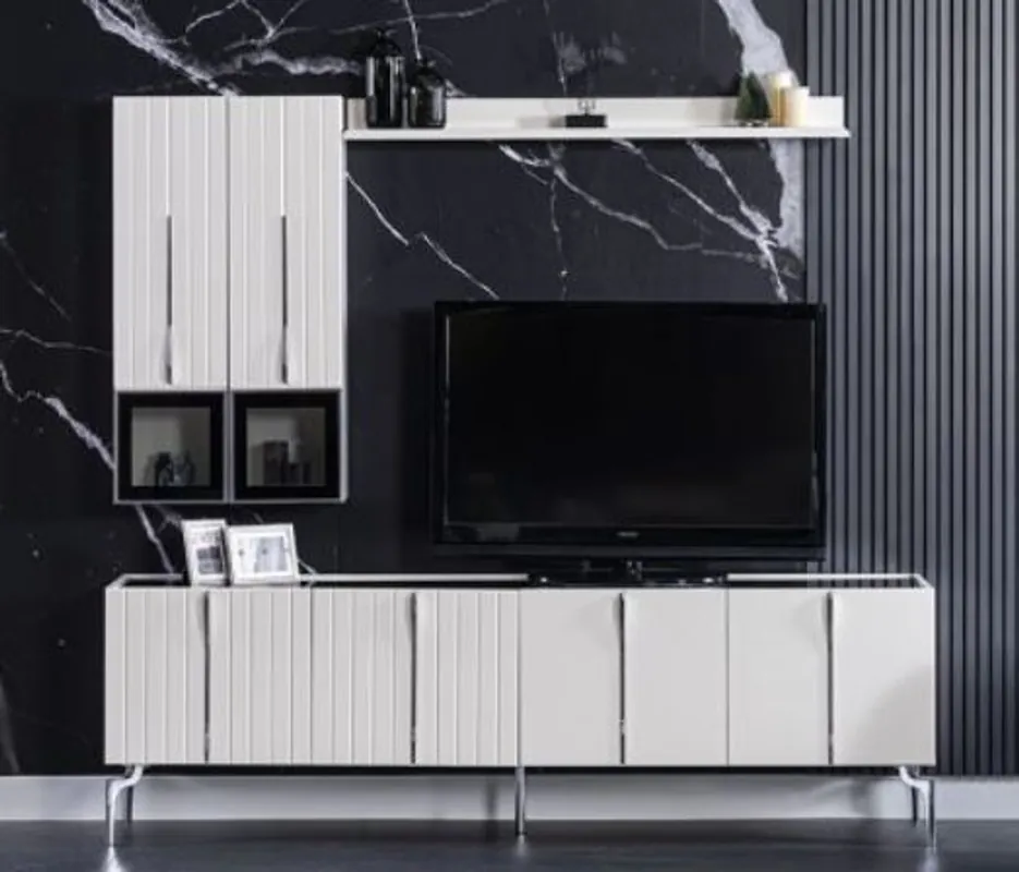 Casa Padrino Luxus Art Deco TV Schrank Weiß / Schwarz / Silber 208 x 44 x H. 64 cm - Edler Wohnzimmer Fernsehschrank mit 4 Türen - Art Deco Möbel Nur Für Kurze Zeit