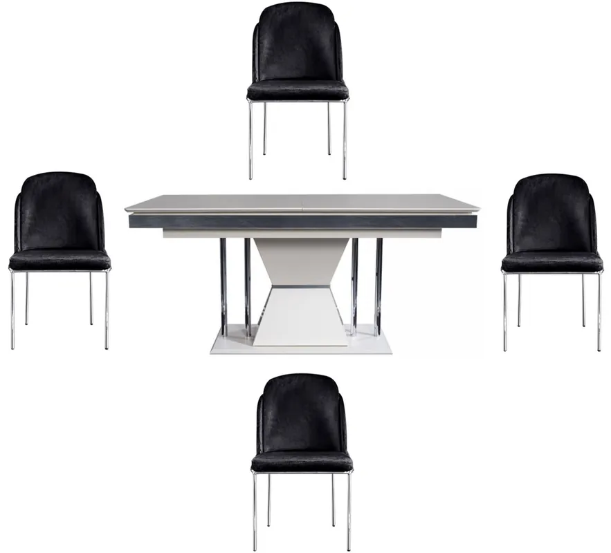 Markenprodukt Casa Padrino Luxus Art Deco Esszimmer Set Schwarz / Weiß / Grau / Silber - 1 Esszimmertisch & 4 Esszimmerstühle - Edle Art Deco Esszimmer Möbel