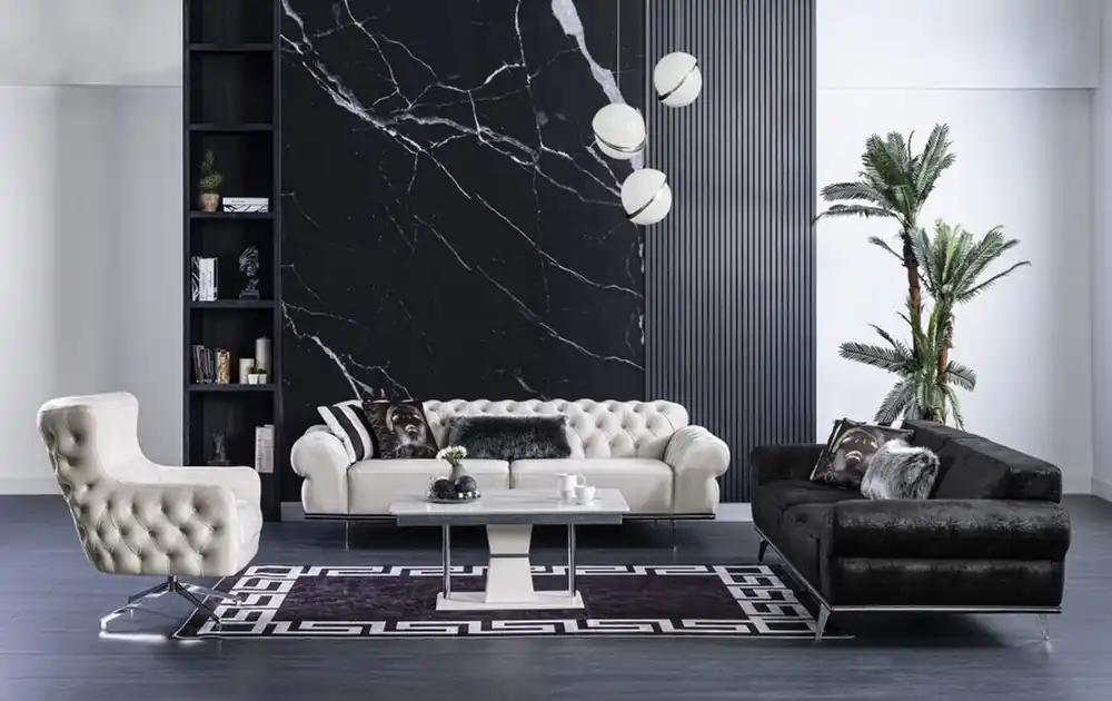Heißes Angebot Casa Padrino Luxus Art Deco Chesterfield Wohnzimmer Set - 2 Sofas & 2 Drehsessel & 1 Couchtisch - Edle Art Deco Wohnzimmer Möbel