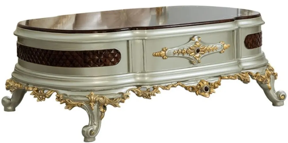Beliebt Casa Padrino Luxus Barock Couchtisch Dunkelbraun / Silber / Gold 132 x 95 x H. 50 cm - Prunkvoller Massivholz Wohnzimmertisch - Barock Möbel