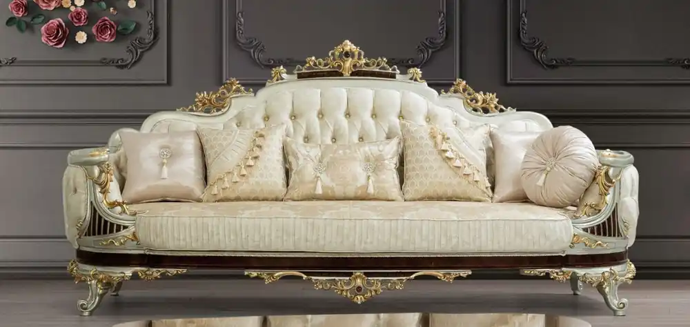 Garantierte Lieferung Casa Padrino Luxus Barock Sofa Creme / Beige / Dunkelbraun / Silber / Gold 260 x 90 x H. 125 cm - Prunkvolles Barockstil Wohnzimmer Sofa mit elegantem Muster - Barock Möbel