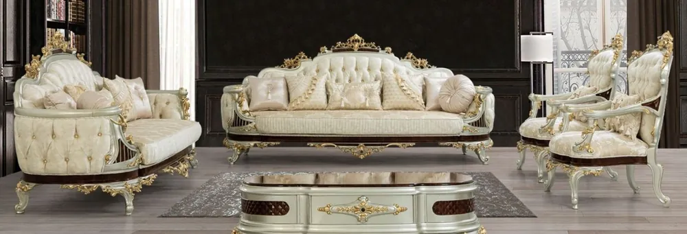 Casa Padrino Luxus Barock Wohnzimmer Set Creme / Beige / Dunkelbraun / Silber / Gold - 2 Sofas & 2 Sessel & 1 Couchtisch - Wohnzimmermöbel im Barockstil - Edel & Prunkvoll Top-Seller