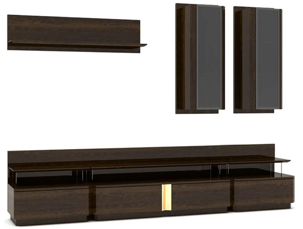 Neue Ware Casa Padrino Luxus Wohnzimmer TV Schrank Set Braun / Grau / Gold - 1 TV Schrank & 2 Hängeschränke & 1 Wandregal - Edles Wohnzimmer Möbel Set - Luxus Qualität