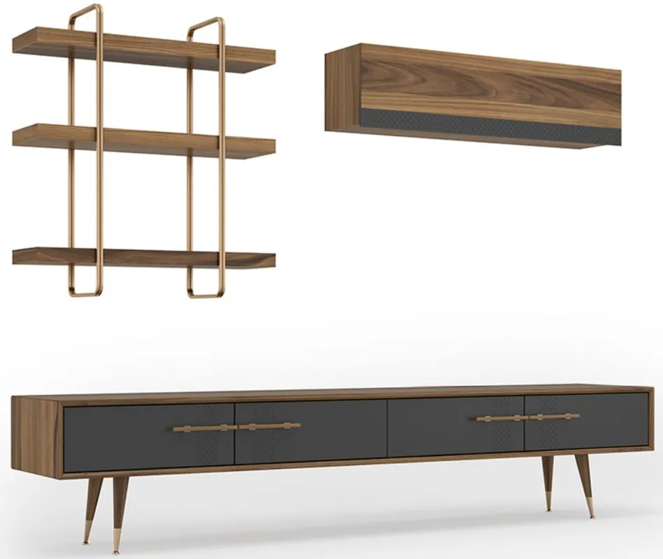 Casa Padrino Luxus Wohnzimmer TV Schrank Set Braun / Grau / Messingfarben - 1 TV Schrank & 1 Hängeschrank & 1 Wandregal - Edles Wohnzimmer Möbel Set - Luxus Möbel Top-Angebot