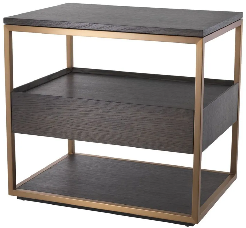 Casa Padrino Luxus Beistelltisch mit Schublade Mokka / Kupfer 65 x 46 x H. 61 cm - Eichenfurnier Nachttisch mit Edelstahl Gestell - Luxus Möbel Jetzt Bestellen