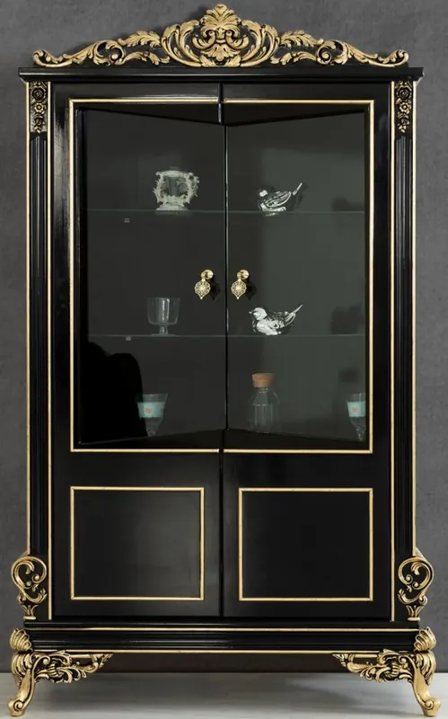 Online Kaufen Casa Padrino Luxus Barock Wohnzimmer Vitrine Schwarz / Gold 130 x 55 x H. 210 cm - Prunkvoller Barock Vitrinenschrank mit 2 Glastüren - Edle Barock Möbel