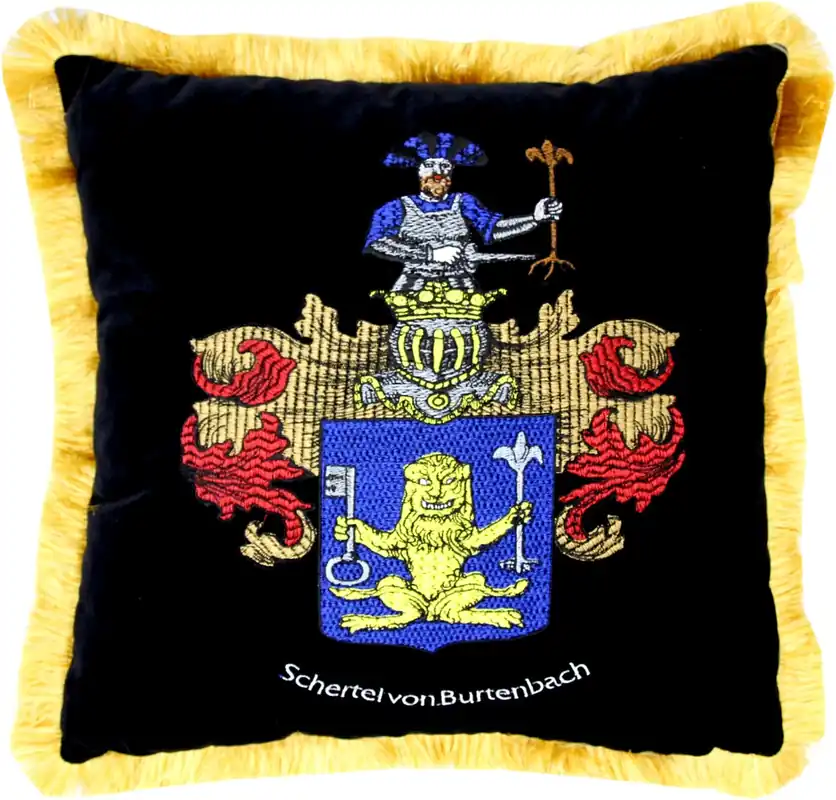 Casa Padrino Luxus Deko Kissen Wappen Freiherr Schertel von Burtenbach Schwarz / Gold Neu
