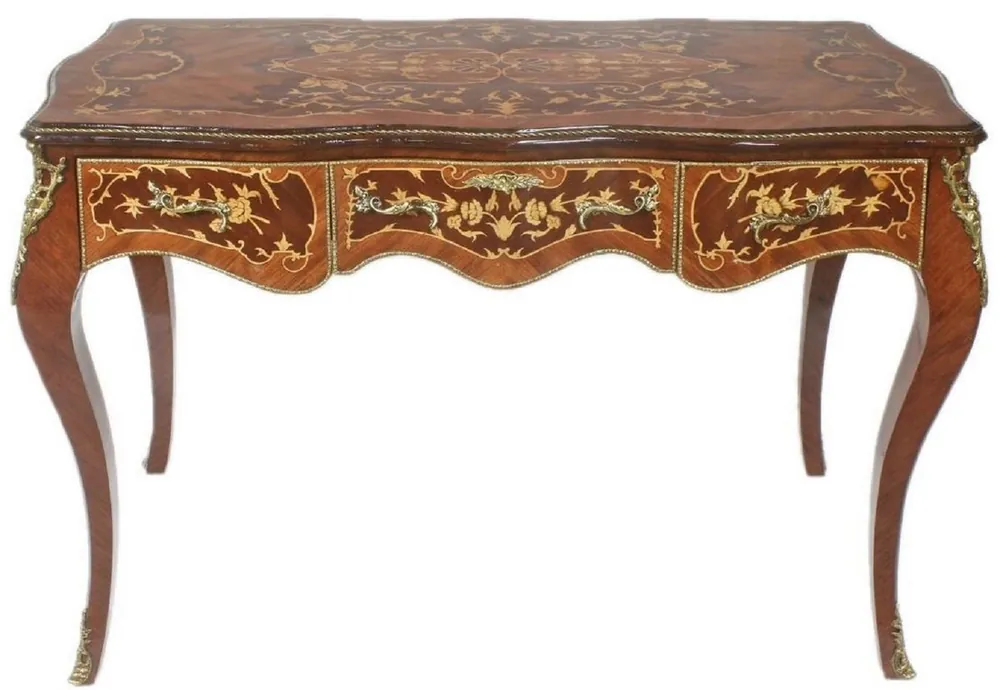 Casa Padrino Barock Schreibtisch Braun / Messingfarben 140 x 60 x H. 80 cm - Handgefertigter Massivholz Bürotisch mit 3 Schubladen und massiven Metallapplikationen - Barock Büro Möbel Schnäppchen