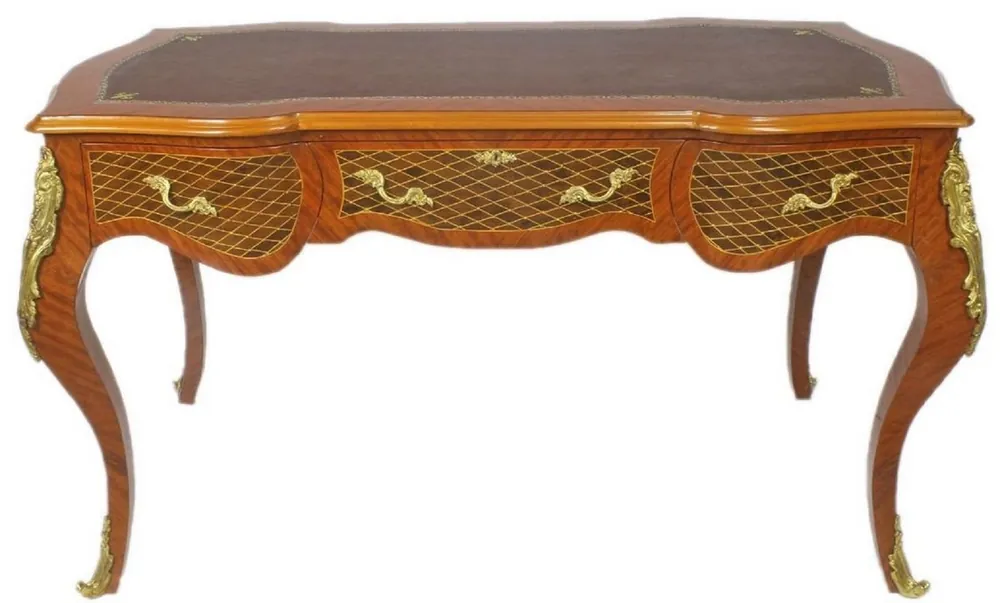 Casa Padrino Barock Schreibtisch Braun / Messingfarben 160 x 70 x H. 80 cm - Handgefertigter Massivholz Bürotisch mit 3 Schubladen und massiven Metallapplikationen - Barock Büro Möbel Abverkauf
