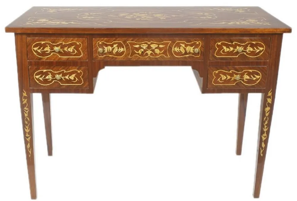 Casa Padrino Barock Schreibtisch Braun / Gold 120 x 60 x H. 80 cm - Handgefertigter Massivholz Bürotisch mit 5 Schubladen - Büro Möbel im Barockstil Zertifiziert
