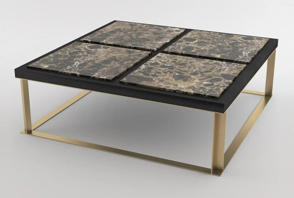 Top-Preis Casa Padrino Luxus Couchtisch Schwarz / Braun / Messingfarben 123 x 123 x H. 40 cm - Moderner quadratischer Wohnzimmertisch mit 4 Marmorplatten - Luxus Wohnzimmer Möbel