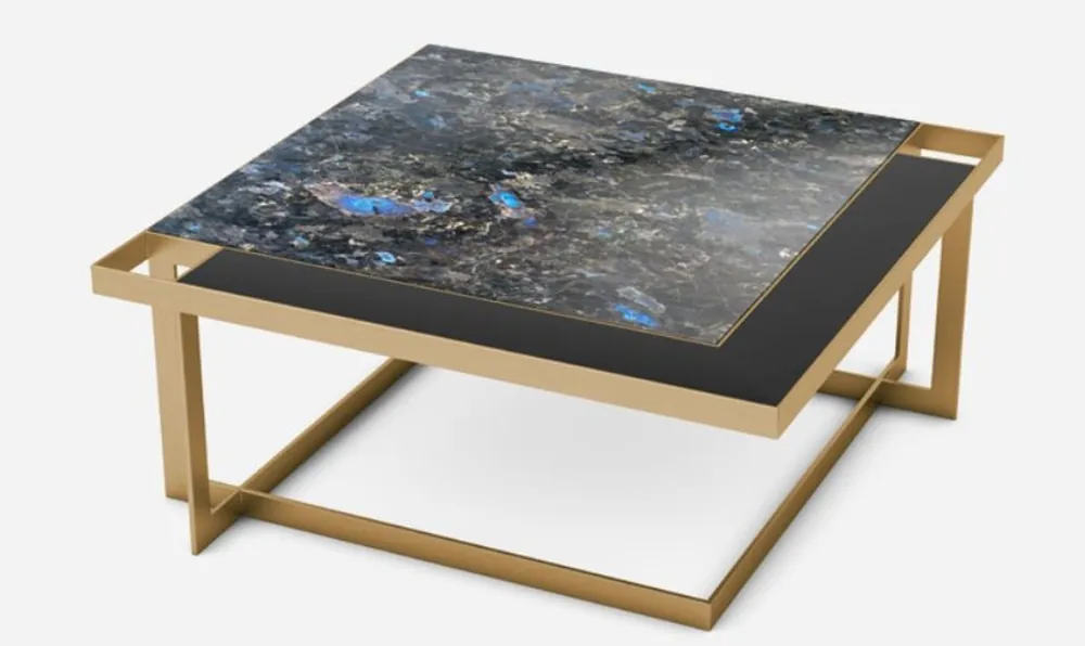 Casa Padrino Luxus Couchtisch Messingfarben / Blau-Schwarz / Schwarz 93 x 93 x H. 40 cm - Moderner quadratischer Wohnzimmertisch mit Granitplatte & Glasplatte - Luxus Wohnzimmer Möbel Top-Seller