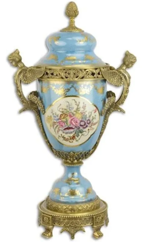 Knallerangebot Casa Padrino Barock Porzellan Vase mit Deckel Hellblau / Mehrfarbig / Messingfarben 36 x 21,4 x H. 65,3 cm - Prunkvolle Deko Blumenvase - Deko Accessoires im Barockstil