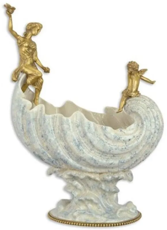 Casa Padrino Jugendstil Porzellan Schüssel mit Bronzefiguren Weiß / Blau / Gold 36,1 x 20,2 x H. 49 cm - Barock & Jugendstil Deko Accessoires Markenware