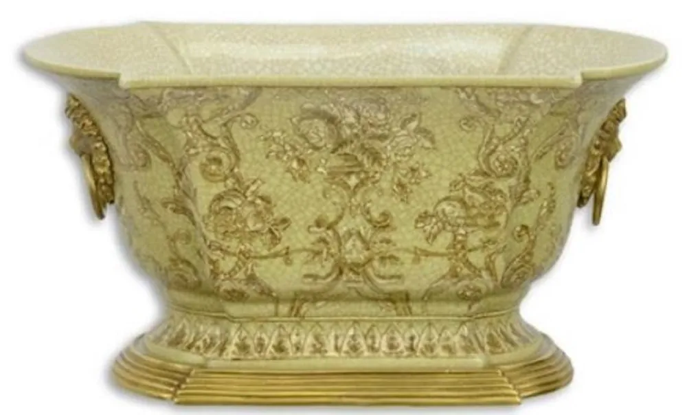 Casa Padrino Jugendstil Blumentopf Grün / Gold 26,9 x 16,7 x H. 14,1 cm - Porzellan Pflanzentopf mit Bronze Löwenkopf Griffen - Deko Accessoires Saisonangebot